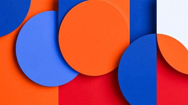 Abstract Geometric Composition With Vibrant Circles And Rectangles In Blue Orange Red White Layers