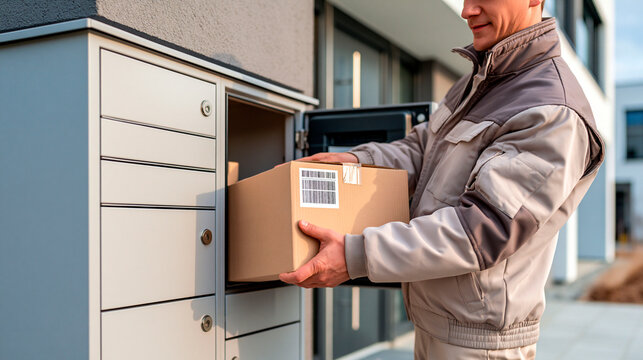 Delivery worker placing a cardboard package into a secure parcel locker outside a modern residential building