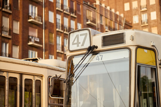 Yellow city tram with route number 47 at city stop