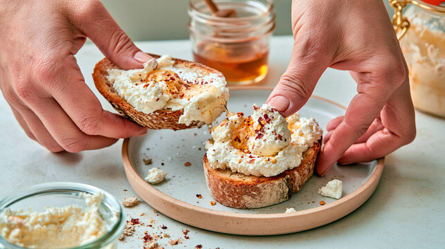 Hands preparing toast with creamy ricotta cheese, honey and chili flakes for a fresh homemade breakfast