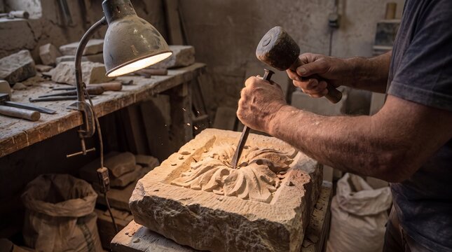Traditional Craftsmanship, A stonemason expertly chisels detailed designs into rough stone in low light