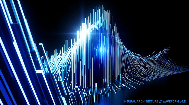 Digital blue sound wave mountain peak visualization with glowing data matrix