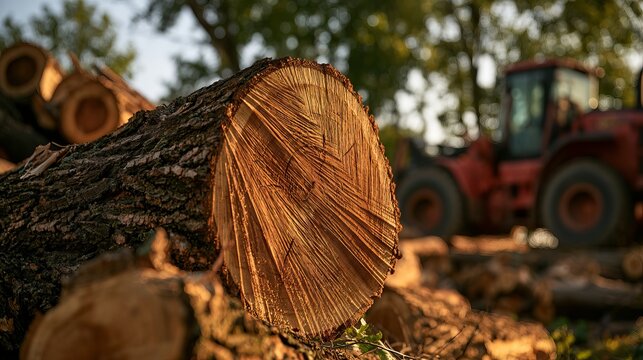 Large tree trunk section revealing growth rings sits outdoors near logging machinery, representing forestry and sustainable resource management concept