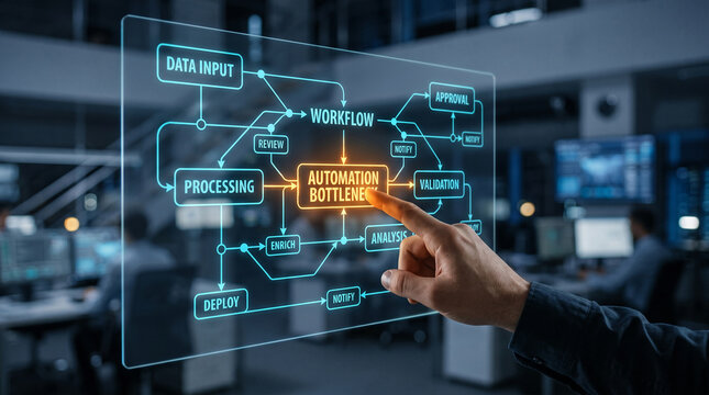 Digital interface displaying a workflow diagram, showcasing automation bottlenecks and process steps with a hand interacting, representing business operations and efficiency.