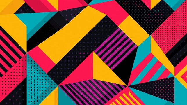 Abstract Geometric Pattern With Vibrant Yellow Pink And Cyan Triangles Stripes And Dotted Textures