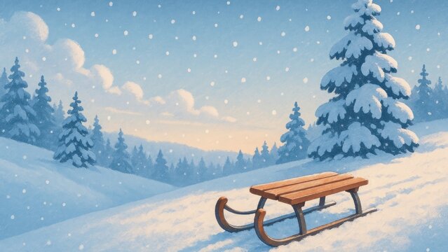 Serene snowy landscape with sled desktop wallpaper