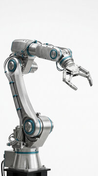 Metallic robotic arm with teal accents, showcasing advanced technology and precision, symbolizing automation, industry, and innovation, with free space for text.