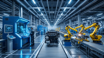 Fototapeta premium Futuristic factory with robotic arms, automated assembly line, and control station, symbolizing advanced manufacturing and technological progress.