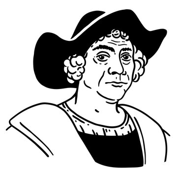Black and white line illustration of Christopher Columbus wearing a historical hat and Renaissance clothing. Suitable for history, exploration, education, travel and biography themes.