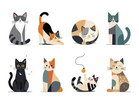 Collection of eight cute stylized cats in sitting, sleeping, stretching and playing poses with simple geometric shapes on white. Vector illustration.