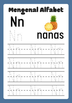 Educational alphabet tracing worksheet for letter N, Indonesian language learning page with nanas pineapple illustration, preschool handwriting practice