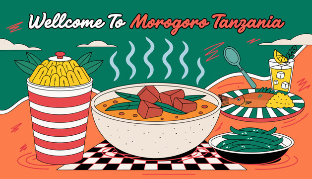 Welcome to Morogoro Tanzania: Vibrant illustration of local food and drinks, evoking cultural tourism and culinary travel