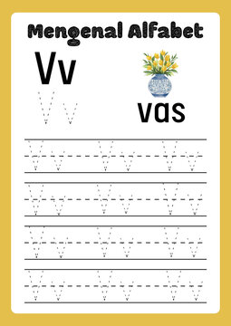 Educational alphabet tracing worksheet for letter V, Indonesian Mengenal Alfabet learning page, preschool handwriting practice with vas illustration