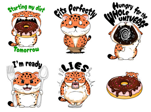 Funny chubby cheetah animal character set, cartoon illustrations with humorous diet captions, different moods and food‑related scenes