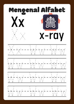 Educational alphabet tracing worksheet for letter X, preschool handwriting practice page with x-ray illustration, kids learning activity