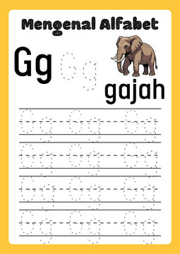 Educational alphabet tracing worksheet for letter G, preschool handwriting practice page with elephant illustration, Indonesian language learning