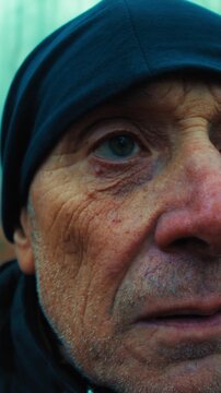 Scared and Terrified Elderly Man Lost in Foggy Autumn Mountains Looks Around