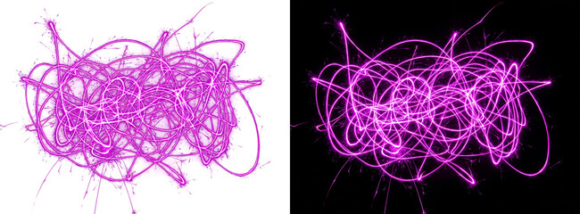 Naklejka premium Vibrant Pink Neon Light Trails Scribbled In Abstract Motion Patterns On Dual Contrast Backgrounds