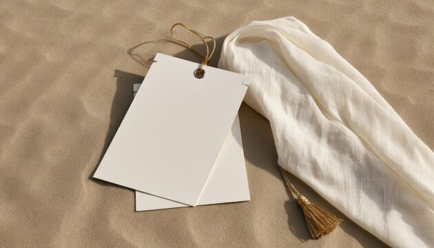 Two blank tags with a golden-tasseled scarf lie on rippled sand