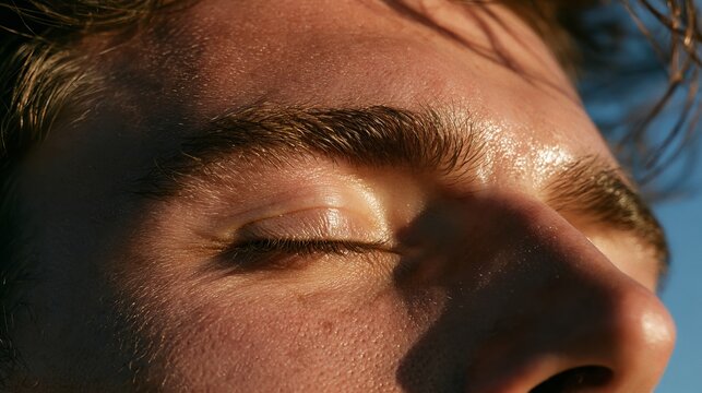 Man's eye partially closed against bright sunlight, conveying a moment of peaceful reflection or squinting, captured against a clear blue sky background, ideal for lifestyle concepts