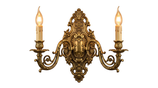 Elegant antique brass wall sconce with three candle holders isolated on transparent background
