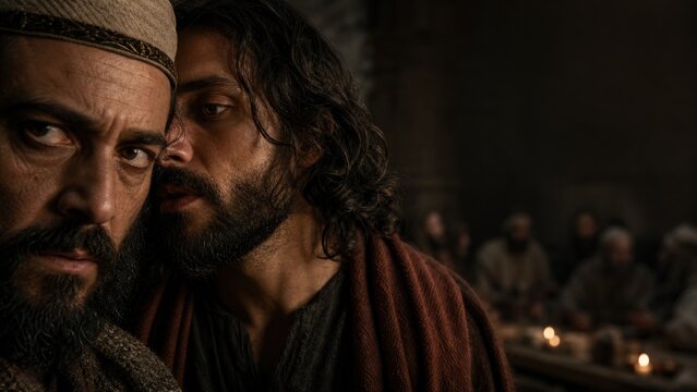 Man whispering secretly to temple captain during conspiracy to betray Jesus before Passover. Biblical betrayal and Easter story of Judas Iscariot and religious treachery concept