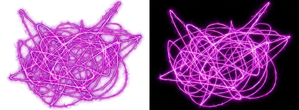 Abstract neon purple scribbles and tangled light effects on black and white backgrounds