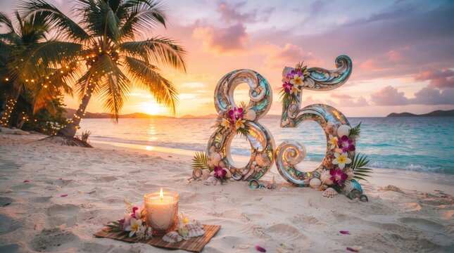 Romantic beach wedding ceremony at sunset with floral arch and ocean backdrop