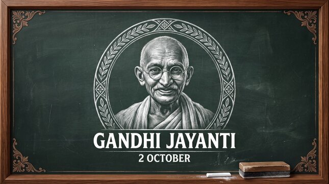 Mahatma Gandhi Portrait on Chalkboard with Gandhi Jayanti Typography for 2 October Greeting Banner