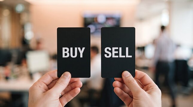 Hands holding cards with buy and sell words in a blurred office environment