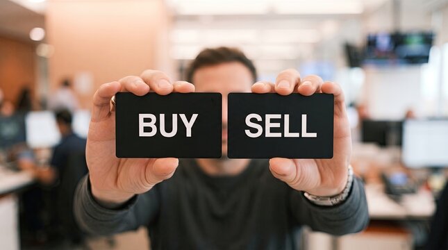 Person holding buy and sell signs in a busy office environment