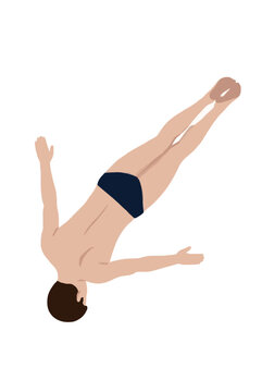 Hand-traced vector illustration of a male diver performing a mid-somersault dive off a diving board, captured in a dynamic athletic pose against a transparent background