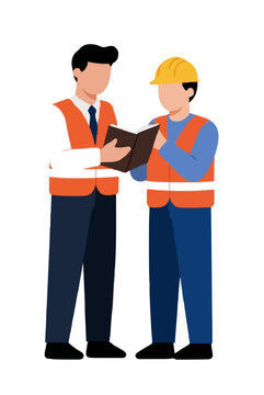 Mentor showing notebook to younger worker vector illustration featuring two male characters in high-visibility orange safety vests and hard hats reviewing important documents together on white