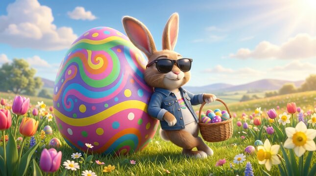 Cool bunny embracing a giant colorful easter egg in a spring flower garden