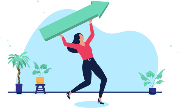Businesswoman holding giant green arrow pointing upwards, symbolising success, financial growth, career advancement, strategy and achievement in modern office space, flat design vector illustration