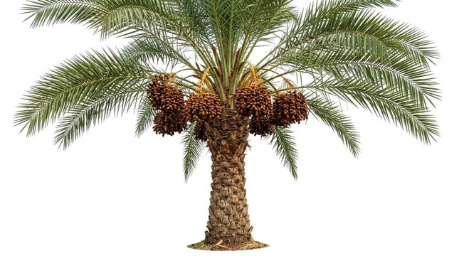 Mature date palm tree with ripe date clusters, detailed fibrous trunk texture, and lush green feathery fronds, isolated on white background for botanical and commercial use