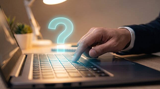 Hands typing on laptop with glowing question mark representing problem solving