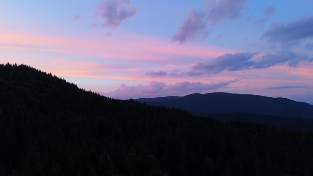 Aerial View of Forest Silhouette and Colorful Sunset Sky