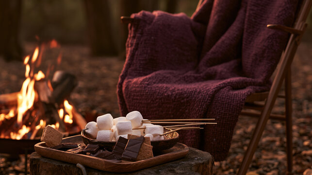 Autumn evening s'mores station beside a fire pit with marshmallows, warm cocoa, burgundy blanket and cozy armchair. Outdoor gathering, comfort and leisure
