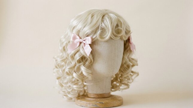 Studio close-up of a fabric wig stand displaying curly platinum-blonde hair styled with two small pink satin bows, soft diffused lighting on neutral background