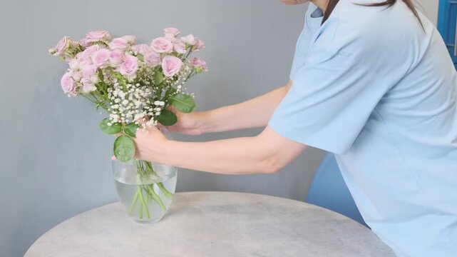 young woman places pink roses bouquet in glass vase on table. woman arranges delicate flowers bouquet with gentle care. beautiful bouquet brings freshness and elegance to interior space