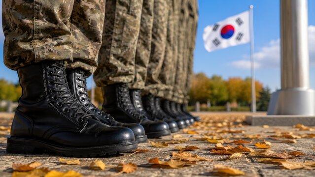 Military Boots in Formation Beside South Korean Flag
