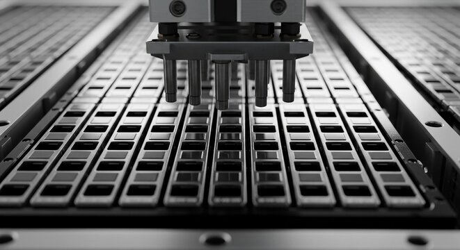 Close-up of industrial machinery precisely assembling small electronic battery components on a production line