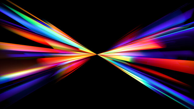 Abstract glass prisms converge at single central point. Symmetrical explosion of vivid spectral light produce intense rainbow dispersion, sharp luminous rays and colorful optical gradients. 3d render