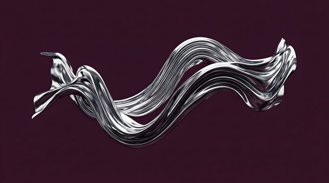 Liquid silver ribbon flowing in elegant artistic waves with reflective metallic surfaces captured in a sharp studio digital render design