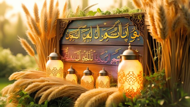 Rustic wooden Islamic calligraphy plaque surrounded by wheat stalks and glowing vintage lanterns in autumn field
