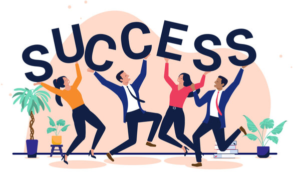 Successful business team jumping and celebrating while holding huge success word letters in modern office, concept for victory, teamwork, career achievement, strategy and corporate goal