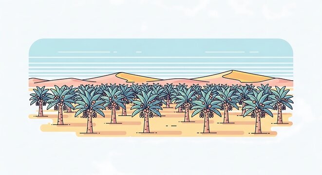 Oasis Palm Trees in Desert Landscape with Sand Dunes Under a Blue Sky.