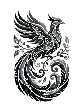 ornate mythical phoenix firebird bird rising wings swirling tail feathers floral damask blackwork tattoo flash emblem laser cut wood plaque embroidery patch hoodie print vinyl decal template
