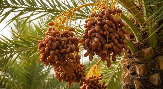 Ripe brown dates hanging in large clusters on a sunny palm tree.